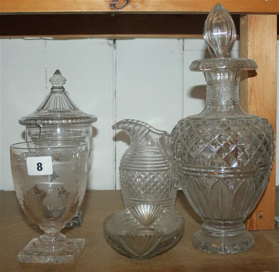 Cut glass vase, engraved rummer & other glass